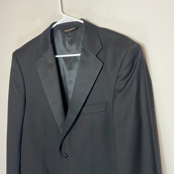 ProntoMODA Men 38L Tuxedo Suit Jacket Satin Lapel Black 2 Button Long 100% Wool - Picture 2 of 14
